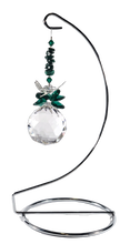 Load image into Gallery viewer, Dragonfly - green crystal suncatcher is decorated with malachite gemstones and come on this amazing large stand.
