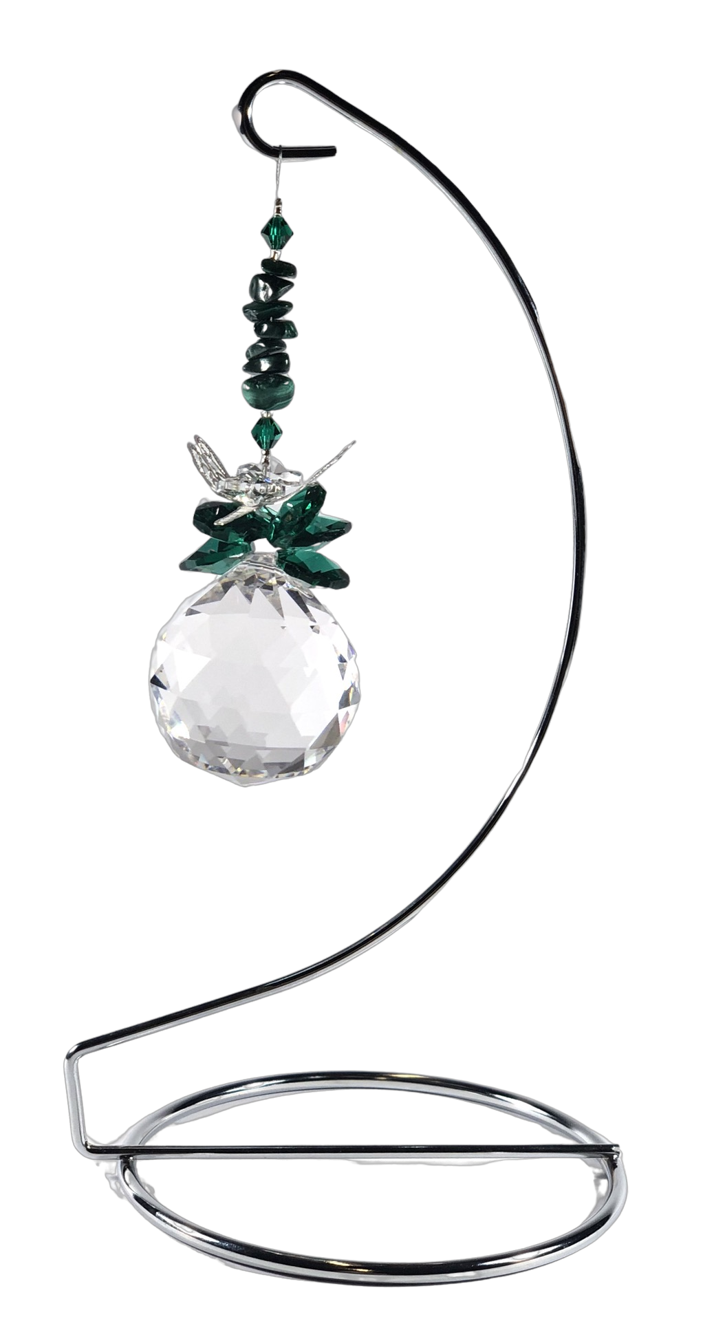 Dragonfly - green crystal suncatcher is decorated with malachite gemstones and come on this amazing large stand.