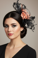 Load image into Gallery viewer, Stunning Peach & Black Stacey fascinator. FS002