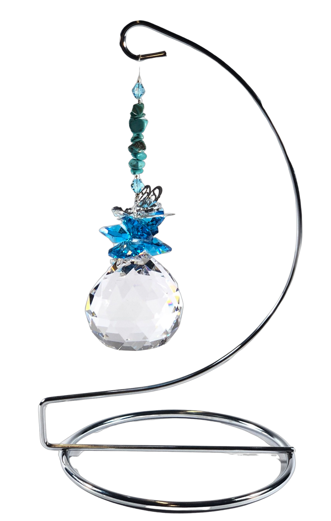 Butterfly -  blue crystal suncatcher is decorated with turquoise gemstones and come on this amazing large stand.