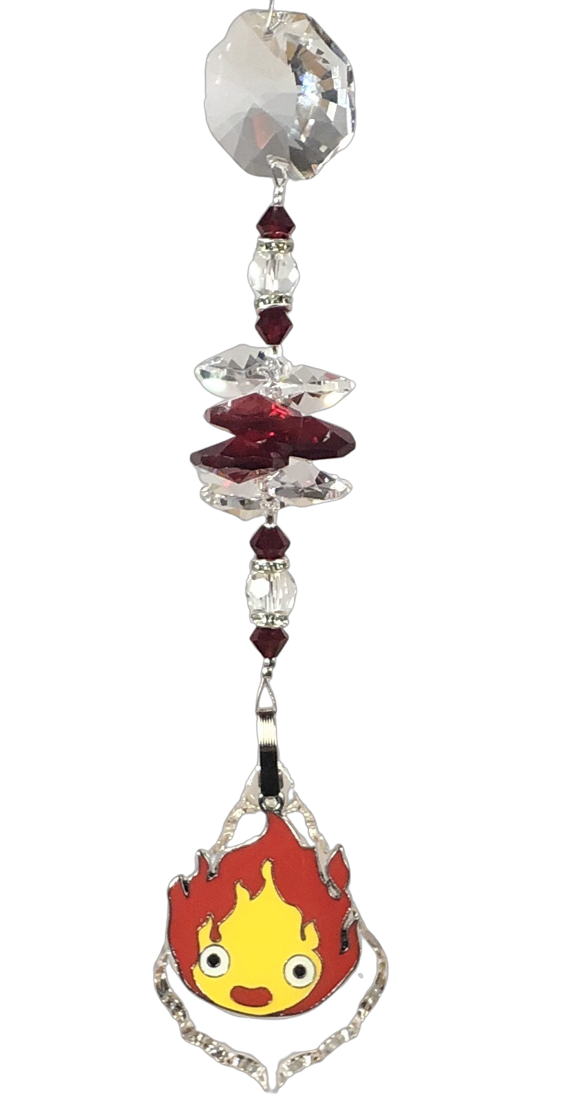 Spirited Away - Calcifer crystal suncatcher, decorated with 50mm Starburst crystal and garnet gemstone.