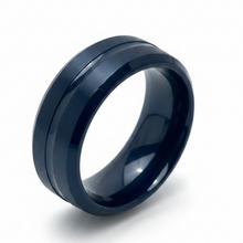 Load image into Gallery viewer, A black stainless steel band ring with a brushed center channel and polished outer beveled edges, shown on a clean white background.