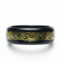 Load image into Gallery viewer, A black stainless steel ring with a gold pattern.