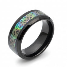 Load image into Gallery viewer, A black stainless steel ring with a multicolored iridescent pattern around the band.