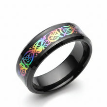 Load image into Gallery viewer, A black stainless steel ring with a multicolored iridescent pattern around the band.