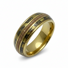 Load image into Gallery viewer, A gold-plated ring with a textured black and gold inlay pattern, shown on a clean white background.