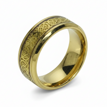 Load image into Gallery viewer, A polished gold stainless steel band ring featuring an engraved Celtic knot pattern along the outer edge, shown on a clean white background.