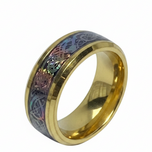 Load image into Gallery viewer, A gold-colored stainless steel ring with a multicolored iridescent pattern on the band.