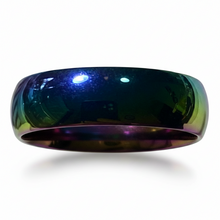 Load image into Gallery viewer, A polished iridescent band ring with a dark green and purple color-shifting finish, shown on a white background with a soft shadow.