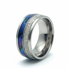 Load image into Gallery viewer, A stainless steel band ring featuring a textured silver inlay and a vibrant blue iridescent inlay on the outer edge, shown on a white background.