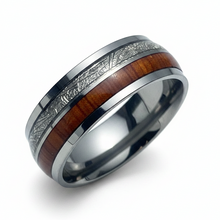 Load image into Gallery viewer, A polished stainless steel band ring featuring a dual inlay design: a textured silver-gray band on top and a warm reddish-brown wood grain band on the bottom, shown on a clean white background.