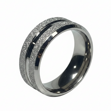 Load image into Gallery viewer, A silver-toned metal ring band featuring a polished center channel and a textured, diamond-like outer channel, shown on a plain white background.