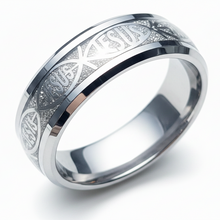 Load image into Gallery viewer, A polished black ring band featuring a textured silver inlay with a Jesus pattern, shown on a clean white background.
