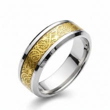 Load image into Gallery viewer, Stainless Steel - Silver with gold pattern ring. Sizes 5, 6, 7, 8, 9, 10, 11, 12, 13, 14. RW250