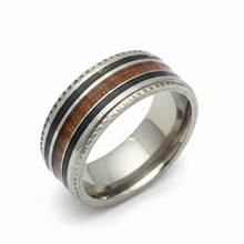 Load image into Gallery viewer, A silver-toned metal band ring featuring a double inlay design with a dark brown wood grain center stripe and a thin black outer stripe, shown on a clean white background.