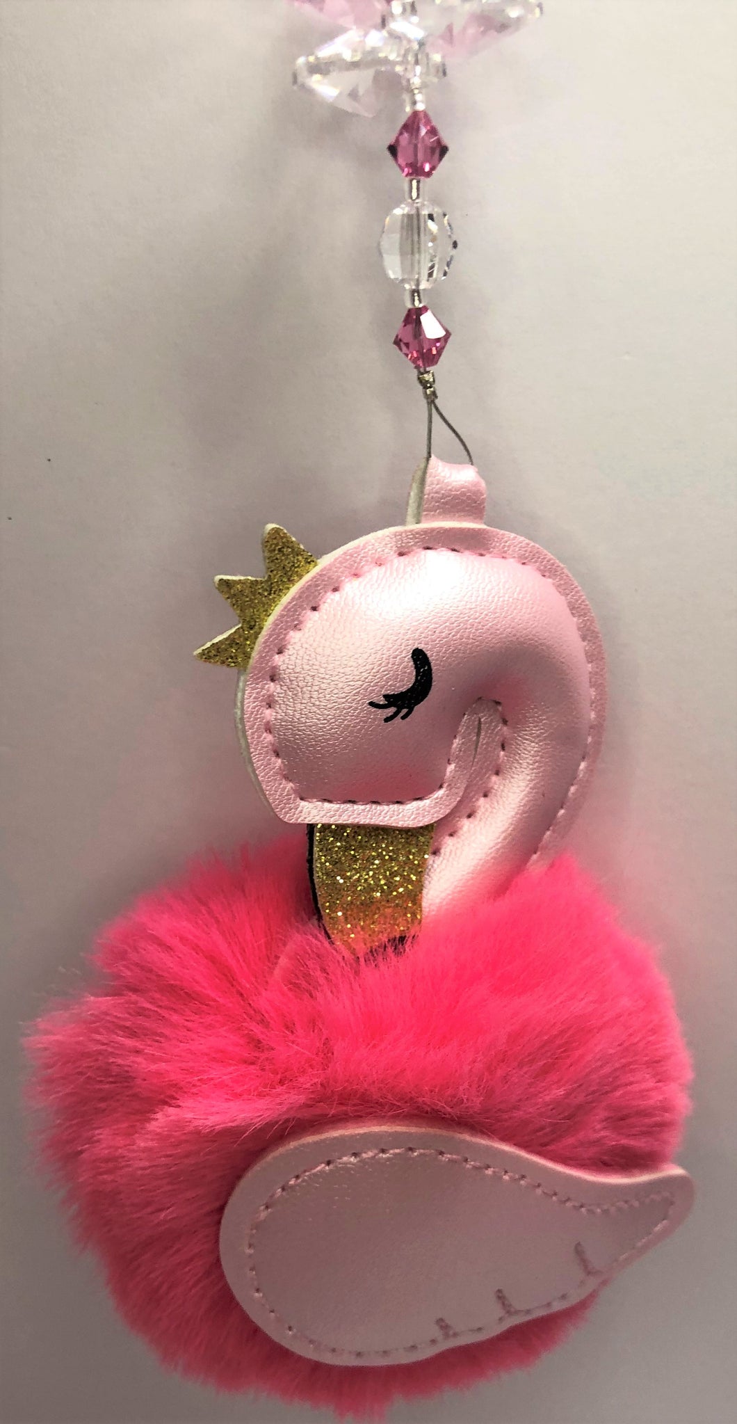 Swan Pink  Fluffy suncatcher with crystals and Rose quartz.