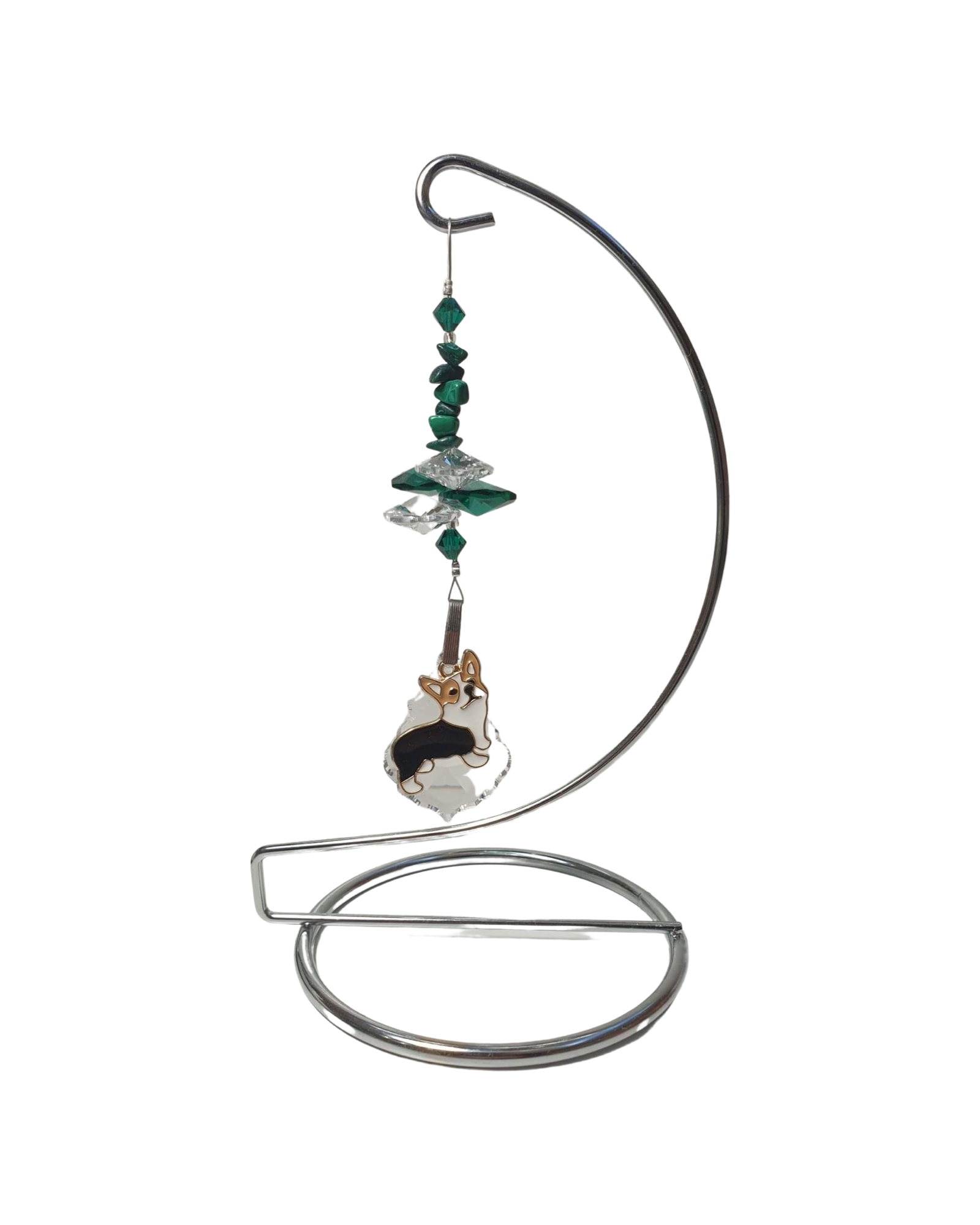 Dog crystal suncatcher is decorated with malachite gemstones and com