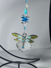 Load image into Gallery viewer, Dragonfly deluxe crystal &amp; turquoise gemstone suncatcher on a standing SH15
