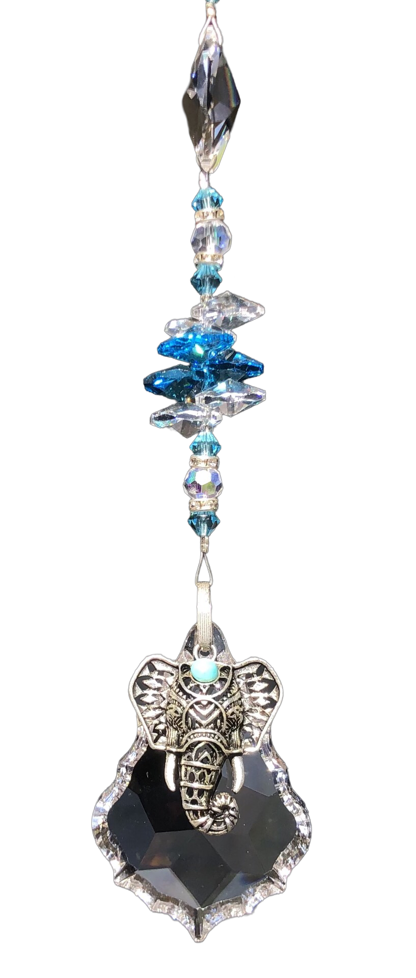 Elephant starburst crystal suncatcher is decorated with aquamarine gemstones.