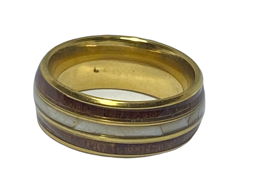 Stainless Steel -Gold with wood & mother of pearl shell  size 7, 8, 9, 10, 11, 12    RW213