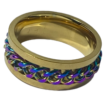Load image into Gallery viewer, Fidget ring - Gold and rainbow chain ring spinner. Sizes 5, 6, 7, 8, 9, 10, 11, 12, 13, 14. FR112
