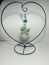 Load image into Gallery viewer, Deluxe butterfly crystal and malachite gemstone suncatcher on a Heart large stand SH178
