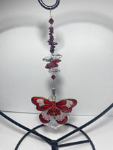 Load image into Gallery viewer, Deluxe butterfly crystal and garnet gemstone suncatcher on a Heart large stand SH175
