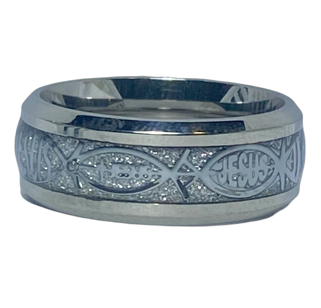 Stainless Steel - Silver with Jesus pattern ring.  Size 8. RW243
