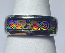 Load image into Gallery viewer, Stainless Steel - Silver with black &amp; iridescence ring.  Sizes  5, 6, 7, 8, 9,10, 11, 12, 13, 14. RW237
