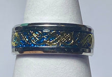 Load image into Gallery viewer, Stainless Steel - Silver with gold &amp; blue pattern ring.  Sizes  5, 6, 7, 8, 9, 10, 11, 12, 13, 14. RW246
