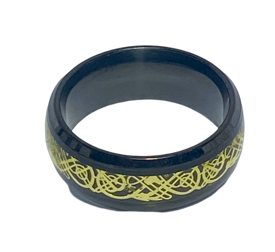 Stainless Steel - Black with gold pattern ring.  Sizes  5, 6, 7, 8, 9, 10, 11, 12, 13, 14. RW242
