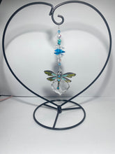 Load image into Gallery viewer, Deluxe dragonfly crystal and turquoise gemstone suncatcher on a Heart large stand SH174
