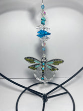 Load image into Gallery viewer, Deluxe dragonfly crystal and turquoise gemstone suncatcher on a Heart large stand SH174
