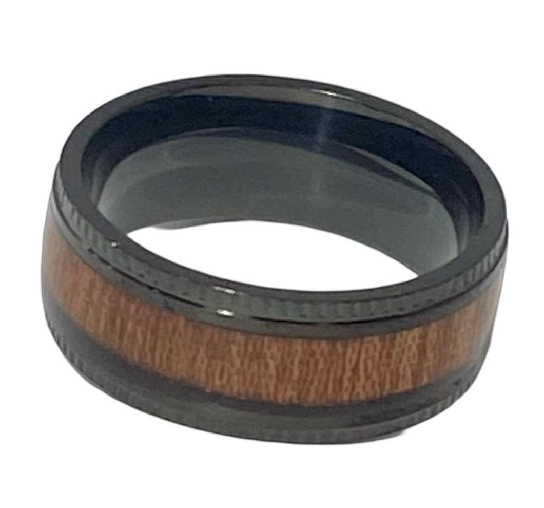 Stainless Steel - Black & wood ring.  Sizes 6, 7, 8, 9, 10, 11, 12, 13  RW230