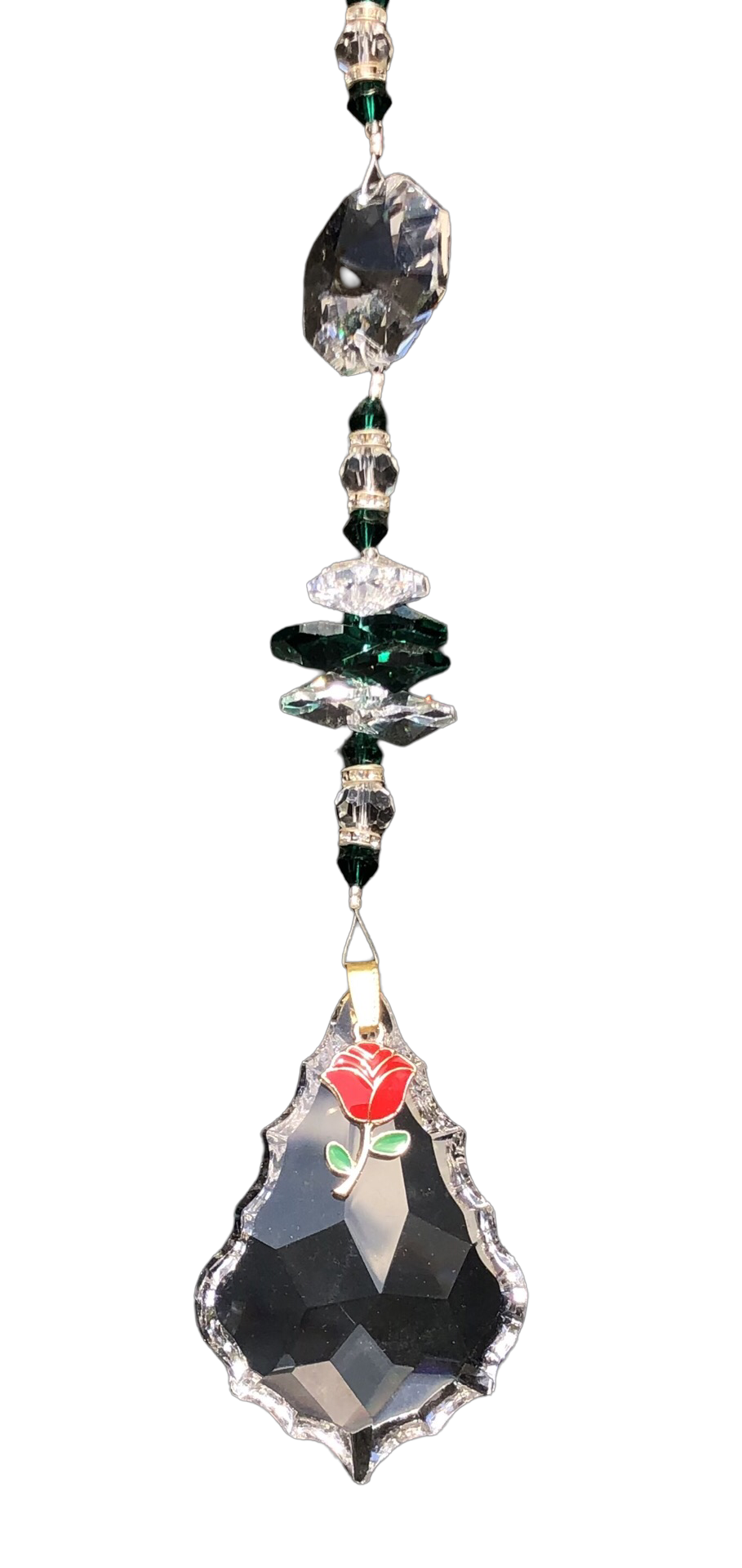 Red Rose starburst suncatcher is decorated with crystals and malachite gemstones.