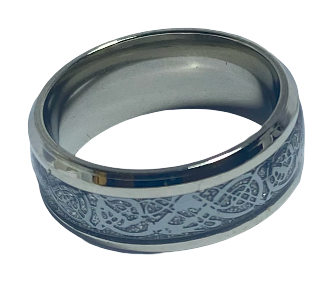 Stainless Steel - Silver with silver pattern ring.  Sizes  5, 6, 7, 9, 10, 11, 12, 13. RW244