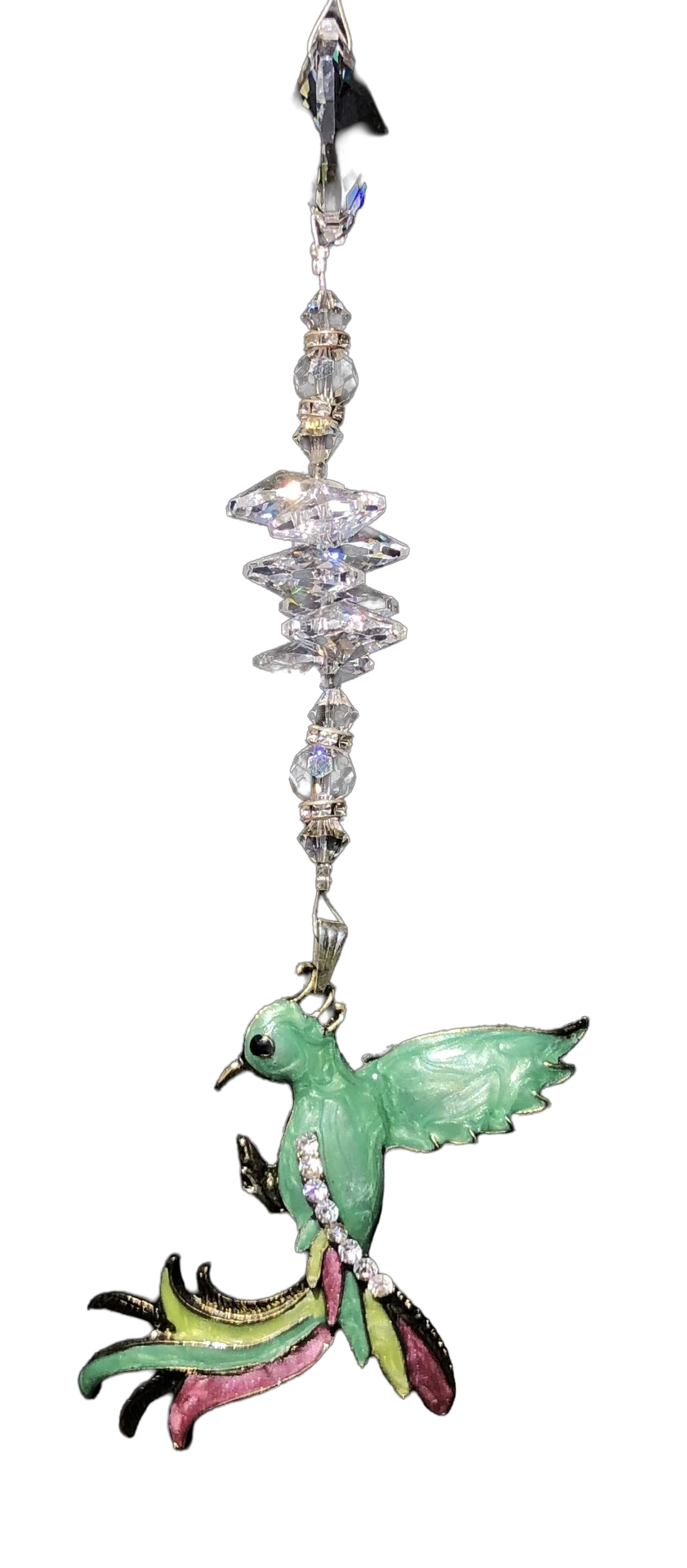 Phoenix suncatcher is decorated with crystals and moonstone gemstones.