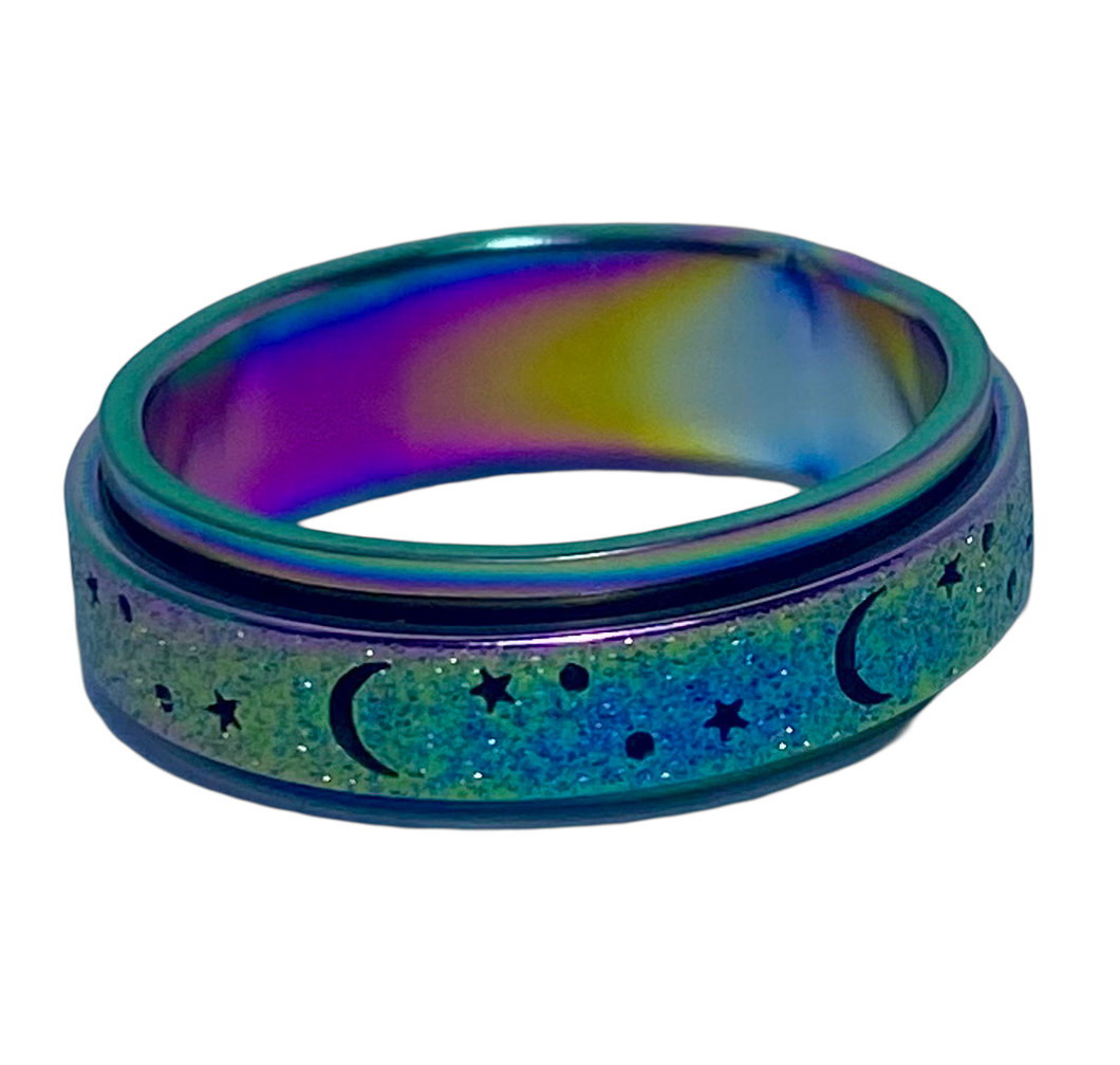 Fidget ring - Rainbow glitter moons & stars spinner. Sizes 6, 8, 9, 10, 11, 13. FR124