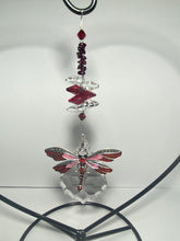 Load image into Gallery viewer, Deluxe dragonfly crystal and garnet gemstone suncatcher on a Heart large stand SH176

