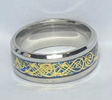 Load image into Gallery viewer, Stainless Steel - Silver with gold &amp; blue pattern ring.  Sizes  5, 6, 7, 8, 9, 10, 11, 12, 13, 14. RW246

