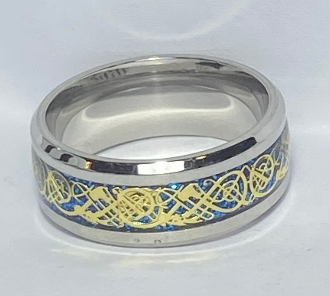 Stainless Steel - Silver with gold & blue pattern ring.  Sizes  5, 6, 7, 8, 9, 10, 11, 12, 13, 14. RW246