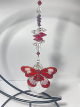 Load image into Gallery viewer, Deluxe Butterfly crystal &amp; garnet gemstone suncatcher on a extra large stand SH170
