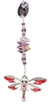 Load image into Gallery viewer, Dragonfly crystal suncatcher is decorated with rose quartz gemstones.
