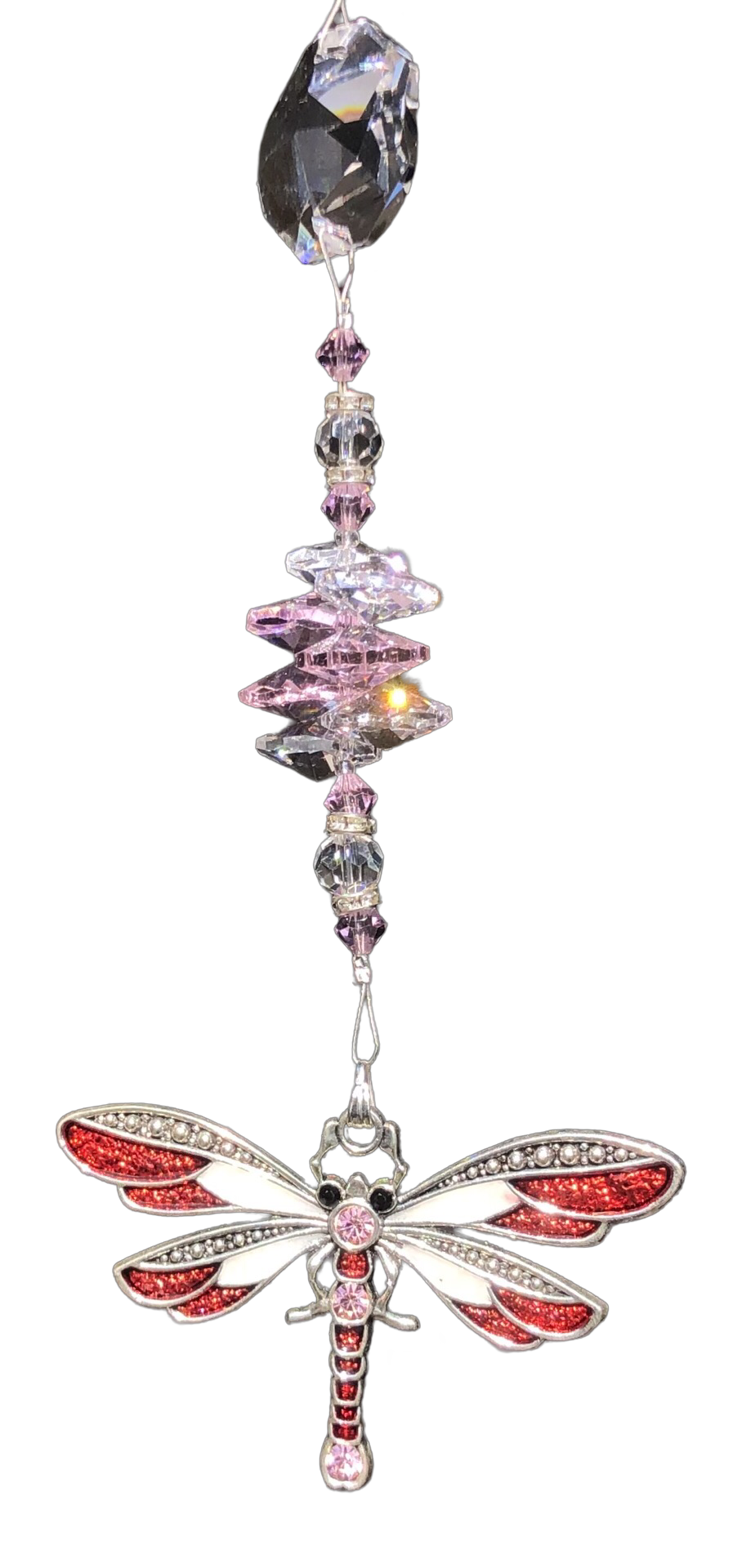 Dragonfly crystal suncatcher is decorated with rose quartz gemstones.