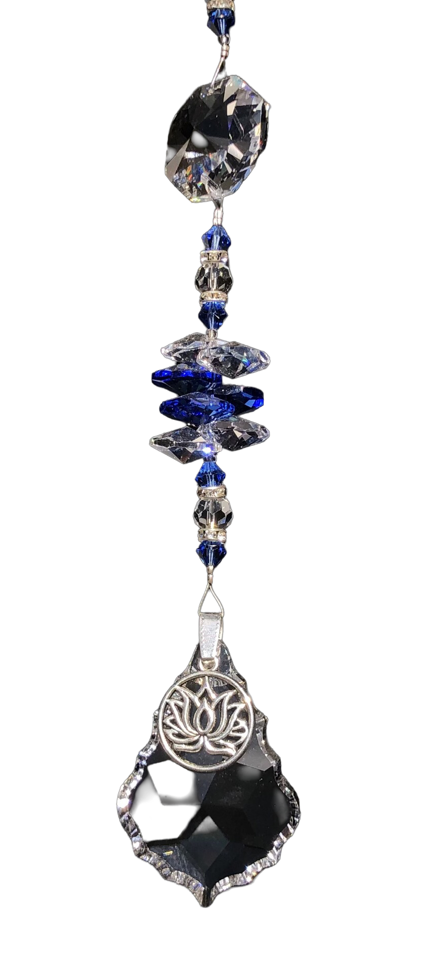 Lotus flower starburst suncatcher is decorated with crystals and lapis lazuli gemstones.