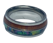 Load image into Gallery viewer, Stainless Steel - Silver ring with wood &amp; shell pattern.  Sizes 5, 6, 7, 8, 9, 10, 11, 12, 13, 14  RW222
