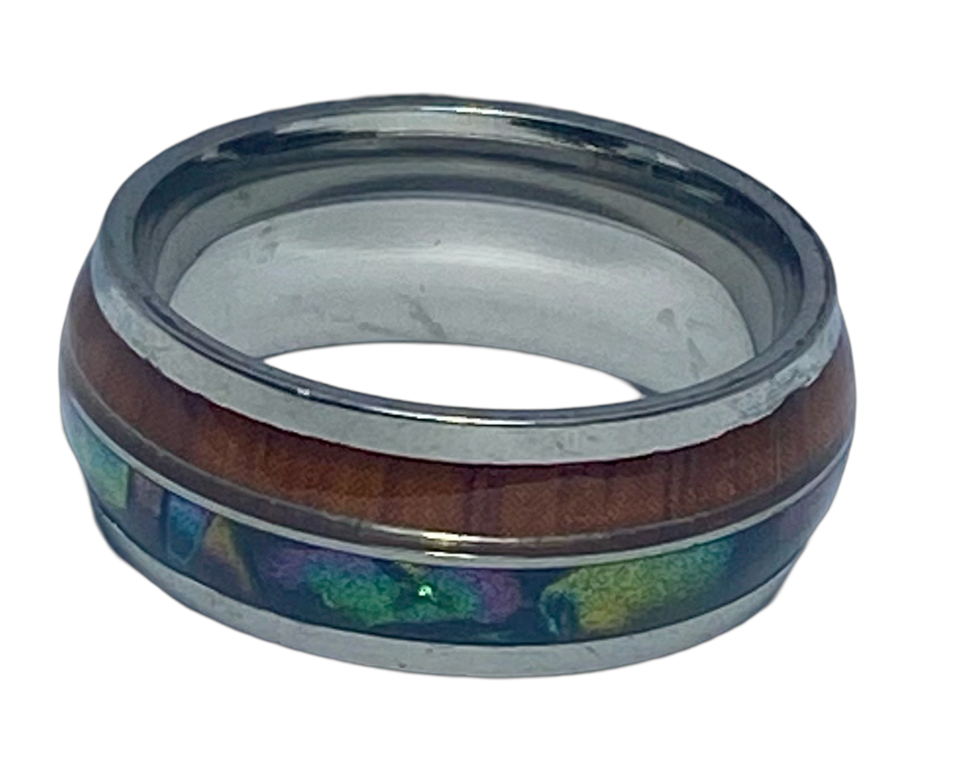 Stainless Steel - Silver ring with wood & shell pattern.  Sizes 5, 6, 7, 8, 9, 10, 11, 12, 13, 14  RW222