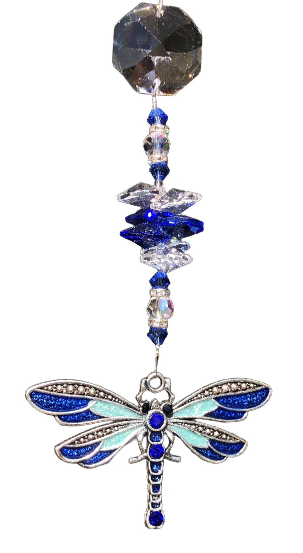 Dragonfly crystal suncatcher decorated with blue lace gemstones.