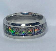 Load image into Gallery viewer, Stainless Steel - Silver with black &amp; iridescence ring.  Sizes  5, 6, 7, 8, 9,10, 11, 12, 13, 14. RW237
