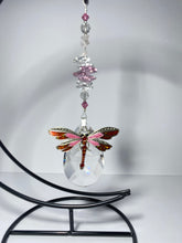 Load image into Gallery viewer, Dragonfly deluxe crystal &amp; rose quartz gemstone suncatcher on a standing SH14
